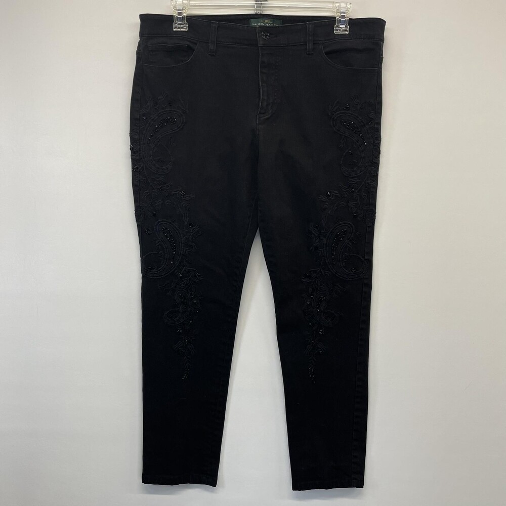 LRL Ralph Lauren Jeans Womens 16 (29" Inseam) Black Embroidered Slim Fit Tapered